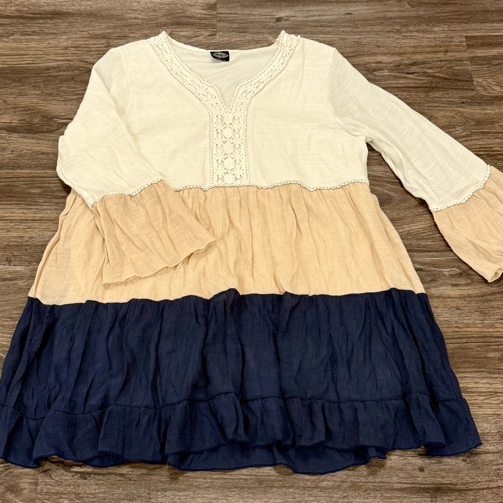 Cal Style Womens Crochet Color Block Boho Floral Lace Lined‎ Dress Size Large
